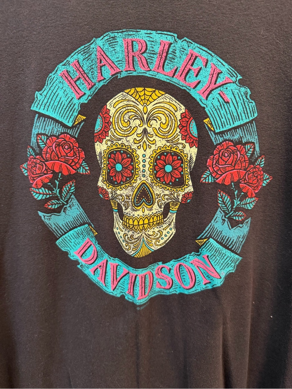 Harley-Davidson Women’s Black Sugar Skull Graphic Tee - Black/Turquoise/Red